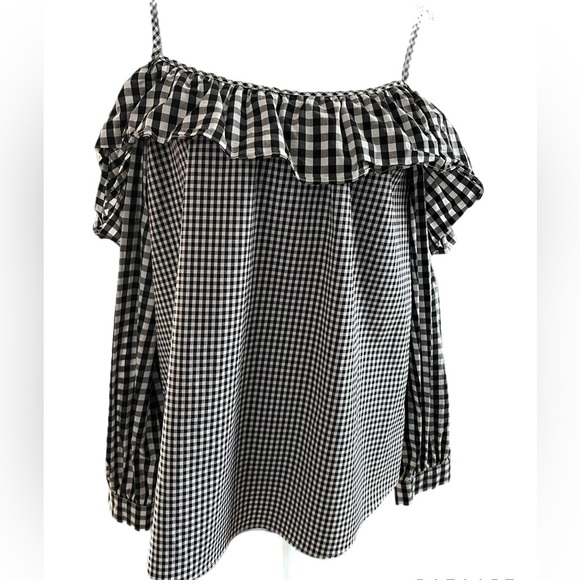 Timing Tops - 🔥🔥Timing Womens Size L Long Sleeve Shirt Black/White Check Off Shoulder Ruffle